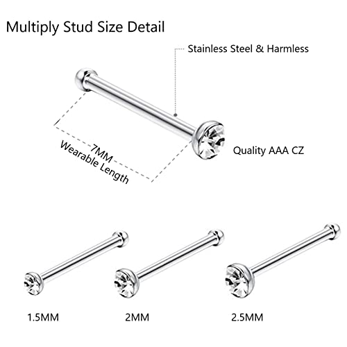 OMAIGAR Nose Rings Studs, 60pcs Straight or L-Shaped or Screw Nose Studs for Women Men, Surgical Stainless Steel Hypoallergenic Nose Piercing Jewelry 1.5/2/2.5mm Size Rhinestone and Ideal Gift4