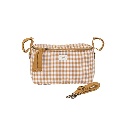 Image of 3 Sprouts Universal Quilted Stroller Organizer with Cup Holder and Zip Top - Durable Stroller Caddy Accessory with Storage - Shoulder Strap Converts Organizer to Small Diaper Bag - Gingham Mustard