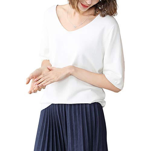 YIRUIYA プルオーバー セーター 女性 Vネック ベーシック ５分袖 夏物 ストレッチ オフィスセーター 薄手 ウール ホワイト 白 M