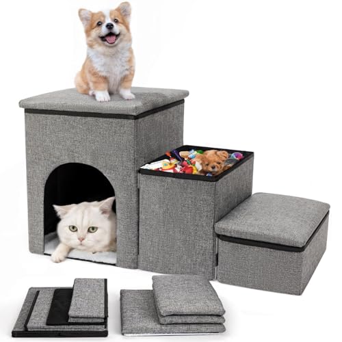 FURRYPAWS Upgraded 3-in-1 Dog Stairs for Bed & Sofa – Foldable Pet Steps with Dual Storage, Secure Anti-Slip Lids & Cozy Top Pet House – Ideal for Small, Senior, Short-leg & Injured Pets
