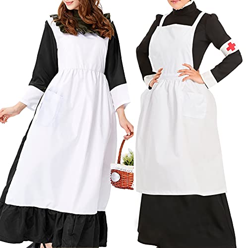 Cityelf Vintage Adjustable Ruffle White Apron Maid Costume Victorian Style Apron 2-Pockets Cotton Frilly Apron For Cooking Baking Cosplay #TOP4