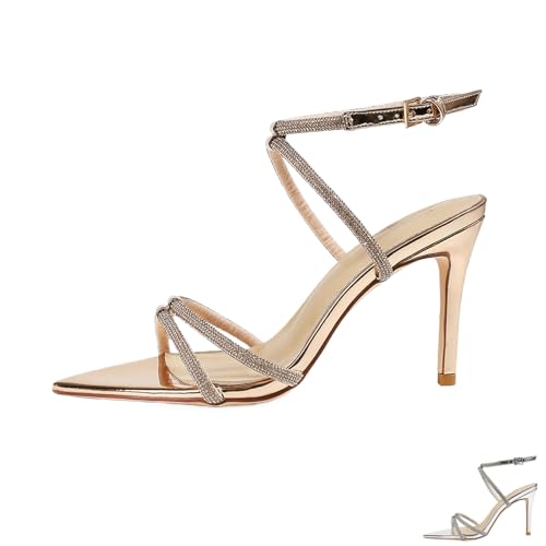Women's Rhinestone Strappy Dress Stiletto Heel Sandals Sexy Pointed Open Toe Adjustable Ankle Strap Buckle Non-Slip Slingback Summer High Heel Sandals for Prom Party Daily Wear