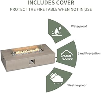 COSIEST Outdoor Propane Fire Pit Table, 56-inch x 28-inch Rectangle Gray Concrete-Like Finish, Certified, 50,000 BTU Stainless Steel Burner w Transparent Gray Fire Glass, Wind Guard, Raincover
