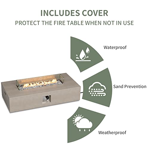 COSIEST Outdoor Propane Fire Pit Table, 56-inch x 28-inch Rectangle Gray Concrete-Like Finish, Certified, 50,000 BTU Stainless Steel Burner w Transparent Gray Fire Glass, Wind Guard, Raincover
