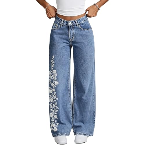 Cuyulitcik Womens Plus Size Wide Leg Floral Jeans Embroidered Straight Leg Jeans Women Stretch High Waist Denim Pants Boyfriend Baggy Loose Fitting