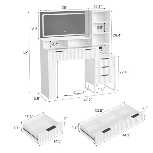 HAIOOU Fluted Vanity Desk with Mirror and Lights,48\" Large Makeup Vanity Desk with Charging Station,Dressing Table with 4 Drawers & 3 Open Storage Shelves, Glass Top for Bedroom, White - Thumbnail 2