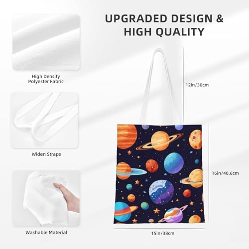Planet Pattern Print Reusable Canvas Tote, Shopping Bag With Handles For Daily And Grocery Use4
