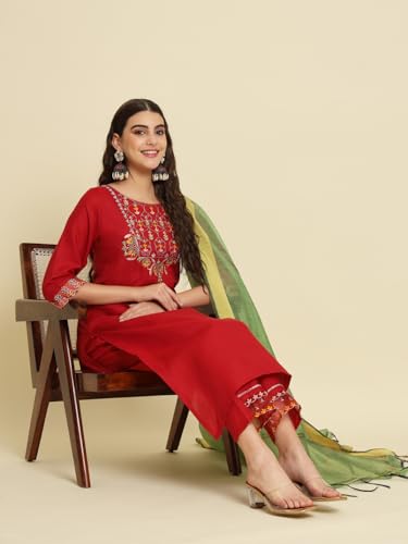 Image of VredeVogel Women's Cotton Blend Kurta Pant Set with Chanderi Silk Dupatta