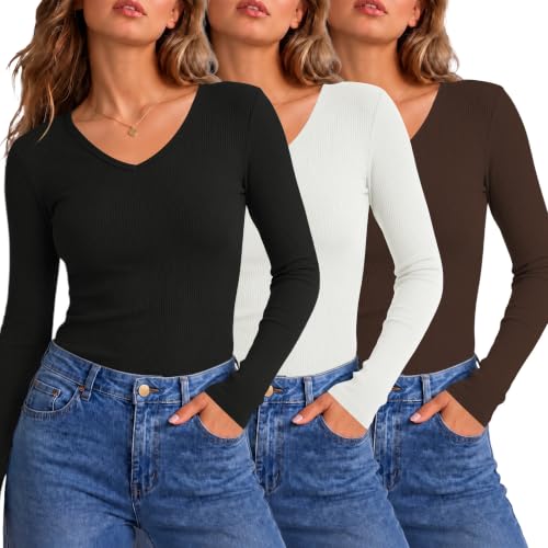 LOMON 3 Pack Women's Long Sleeve V Neck Tops Ribbed Knit Casual Basic Tops