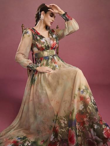 Image of TOLEEN Summer Casual Dresses for Women 2024 Spring Fashion Boho V Neck Long Sleeve Ruffle Floral Print Elegant Maxi Dress