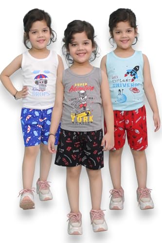 Image of Chandrika Kids Cotton Coordinated Set Pack of 3 half Sleeve And sleeveless T-Shirts & Shorts and skirt Baby Girls Summer Dress Combo