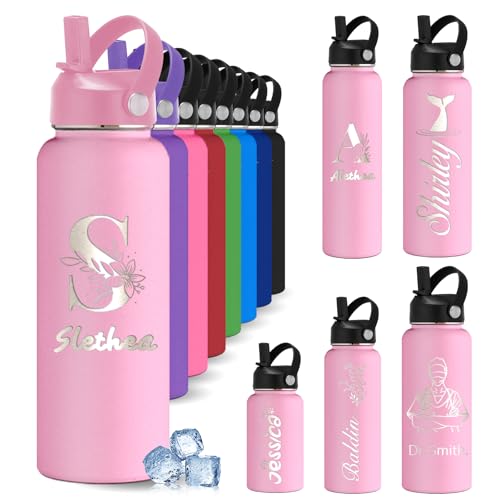 YoLLiEE Custom Personalised Water Bottles for Kids with Straw 12 18 24 32 40 oz Customised Engraved Insulated Stainless Steel Water Bottles with Name, Pink Initial Style