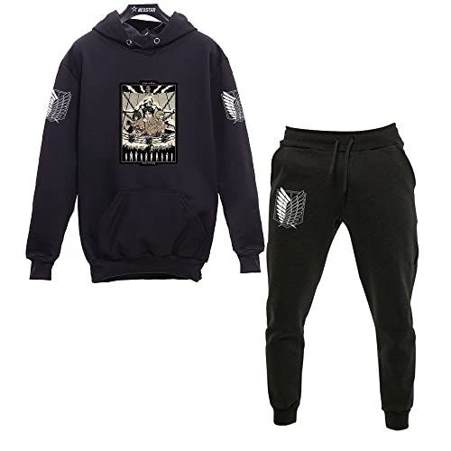 Blusa Moletom + Calça Attack On Titan Muralha Anime (GG, PRETO/PRETO)