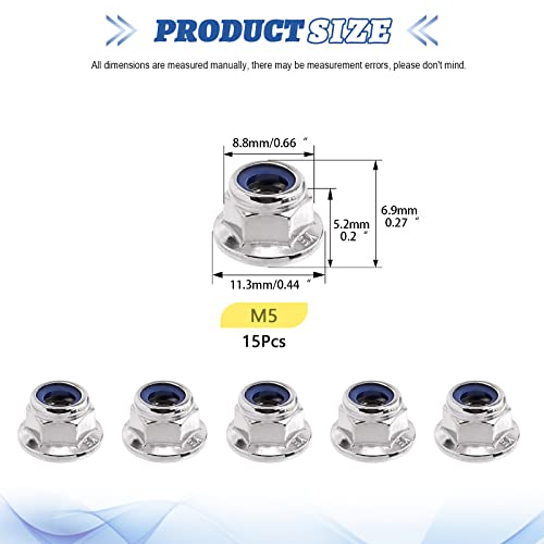 Glarks 15Pcs M5 304 Stainless Steel Hex Flange Nut Nylon Insert Lock Nuts, Bright Finish For Furniture Machinery Industry Fasteners #TOP1