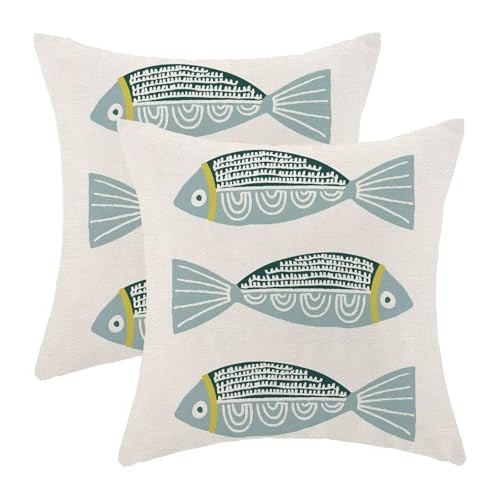 AEIOAE Coastal Pillow Covers 20 x 20 Inch Set of 2, Ocean Beach Blue Fish Print Decorative Throw Pillow Covers Linen Farmhouse Summer Natical Outdoor Pillowcase for Couch Home Sofa Decor