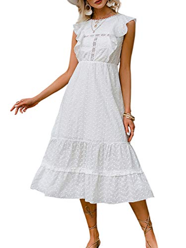 Lovinchic Women's Summer Casual White Midi Dress Ruffle Cap Sleeve Elegant Cocktail Long Dress White 4-6