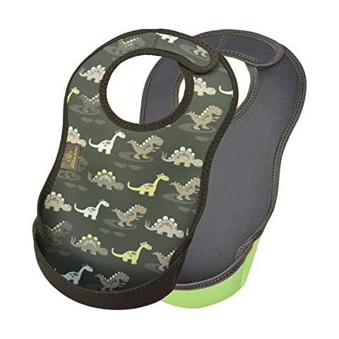 Bibetta Bib - 2x Pack - Premium Neoprene Ultrabib for Comfort - Waterproof baby bibs - Weaning bibs with Crumb Catcher Pocket for Feeding Babies and Toddlers - Roll Up and Machine Washable (Dinosaurs) Cover