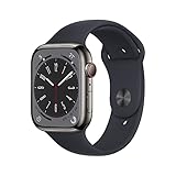 Apple Watch Series 8 (GPS + Cellular, 45mm) Reloj Inteligente con Caja de Acero Inoxidable en Grafito - Correa Deportiva en Color Medianoche - Talla única. Monitor de entreno, Resistencia alagua