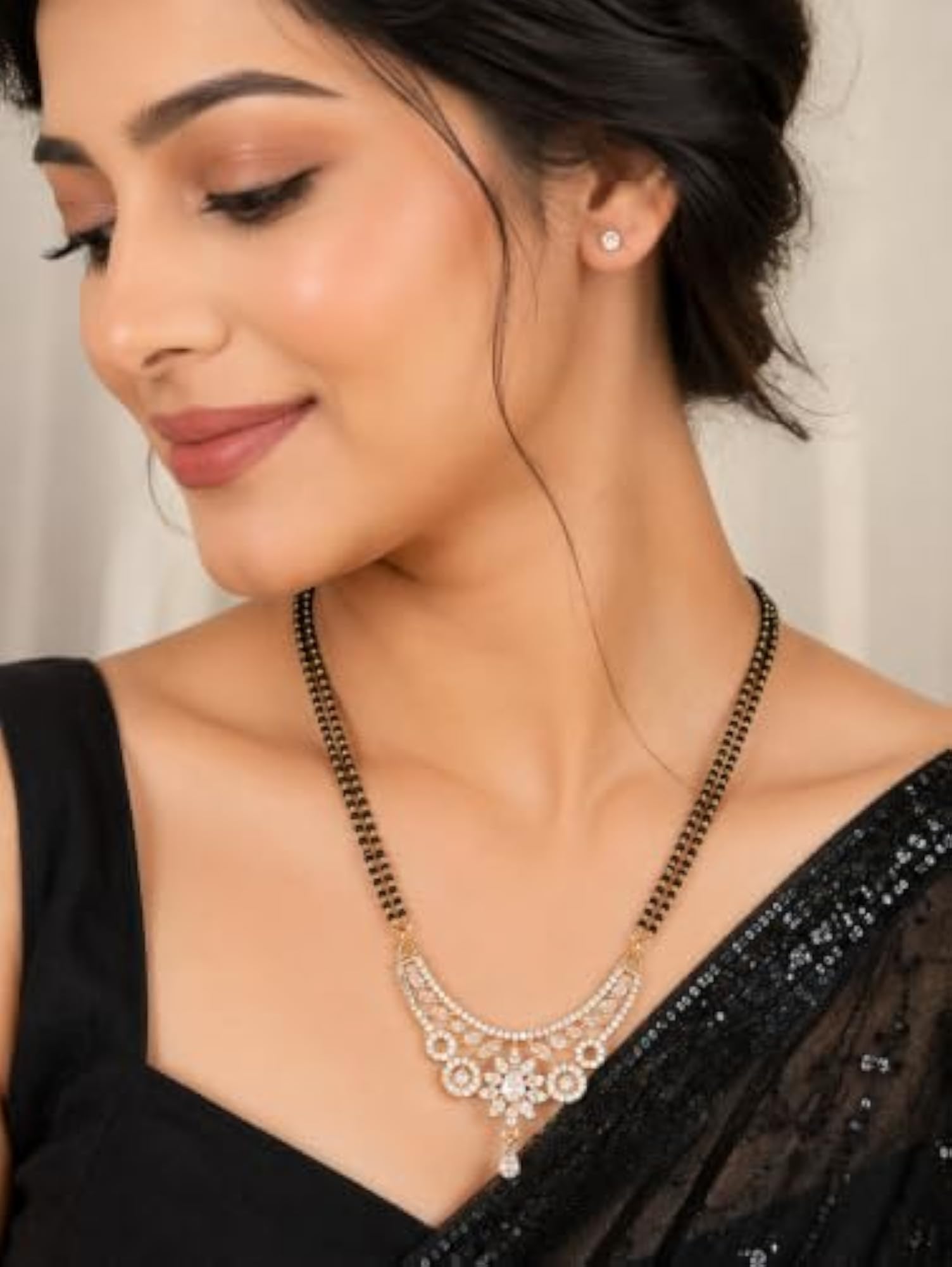 Double Layer Black Beads Mangalsutra with Floral Pendant