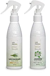 AIR-ROMA Lemon Grass & Jasmine Air Freshener Sprays | For Home, Office & Bathrooms | Long-lasting Odor Eliminator for Living Room, Hotels, Work Space | Pack of 2 (200 ml each)