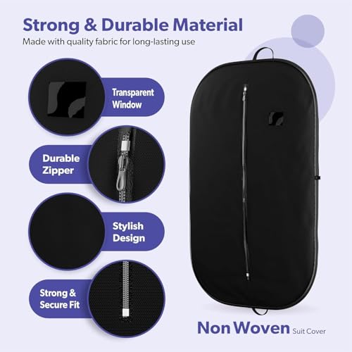 Image of Non Woven Blazer Cover with Zip | Hanging Coat Bags for Jacket, Saree, Shirt, Garments Clothes | Unisex Dress Wardrobe Organizer Folding Suit Covers, Black | Pack of 12