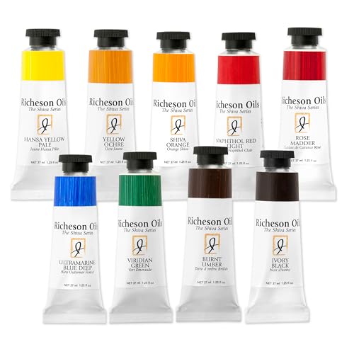 Richeson Premium Oil Paint Set – Essentials 9 Color Palette, 37mL Tubes – Artist Grade, Highly Pigmented, Buttery Consistency, Studio & Plein Air