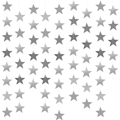 Yzurbu Silver Star Garland, 78 Feet Double Side Hanging Sparkly Paper Star Banner Decorations for Birthday Wedding Engagement Baby Shower Christmas Thanksgiving Halloween