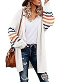 AlvaQ Women's Cardigans Long Sleeve Open Front Rainbow Striped Color Block Loose Casual Womens Oversized Cardigan Ladies Long Lightweight Knit Outwear Coat Jacket Sweaters White M UK 10 12