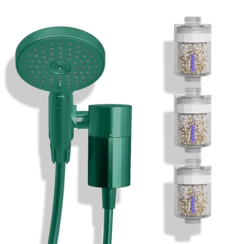 Sproos - Handheld Showerhead with Filter Set + 3 Extra Filter Cartridge, High Performance Filtration System for Healthier Hair and Skin, Green