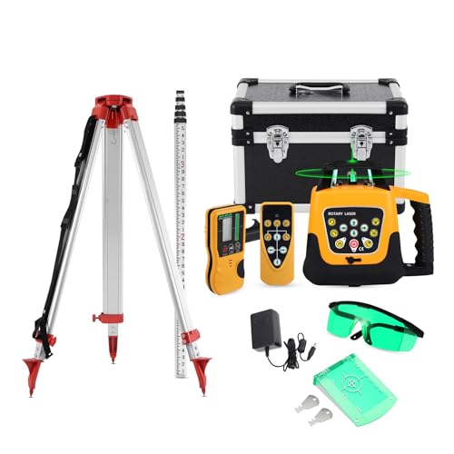 H-YEEU Rotary Laser Level Kit 360 Degree Automatic Self Leveling Green Beam Horizontal Laser Transit with Aluminum Tripod & Grade Rod 500m Working Range for Construction Building Surveying