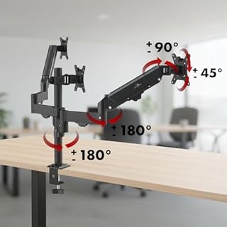 Maclean MC-137 - Supporto per 3 monitor da 17 a 27", con molle a gas, regolabile in altezza, girevole, inclinabile, robusta struttura in acciaio, VESA 75 x 75, 100 x 100, gestione dei cavi, nero