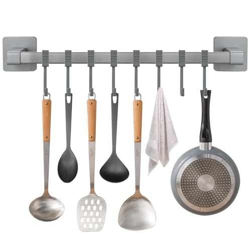 Ziyonix Soporte de Utensilios Cocina con 8 Ganchos de Móviles, Soporte Utensilios Cocina Autoadhesiva 40 cm Barra Colgador Utensilios Cocina para Cocina Baño Dormitorio (Gris)