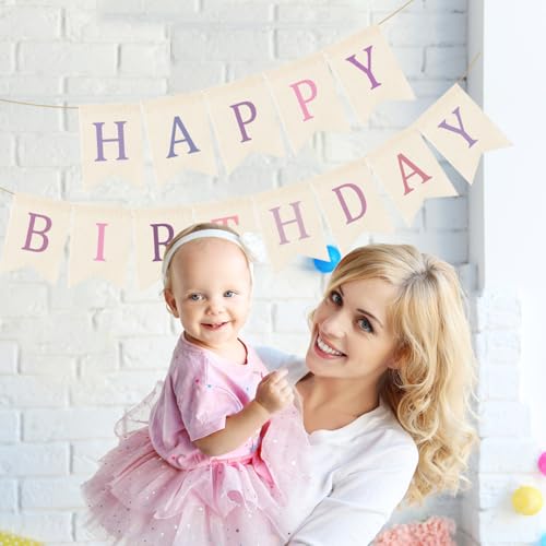 Image of Doumeny Happy Birthday Burlap Banner Boho Birthday Garland Bunting Purple Pink Bohemian Party Hanging Banner White Happy Birthday Sign Flag Colorful Birthdays Bunting Garland for Home Mantel Fireplace