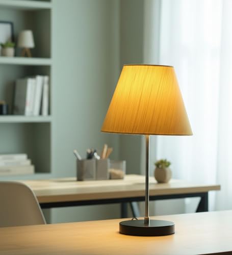Image of Silver Table Lamp with Handmade Cotton Fabric Conical Cream Texture Shade, Table /Restaurant /Bedroom, On /Off Switch Long Wire
