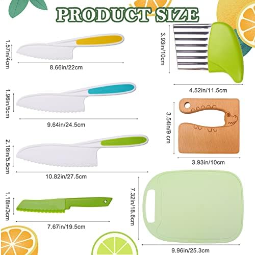 Kids Plastic Kitchen Knife Set, 7pcs Safety Knives for Children Colorful, Fruit Vegetable Knives with Serrated Cutting Edges for Fruit, Bread, Vegetables, Wooden Kids Knife, Wavy Blade, Chopping Board