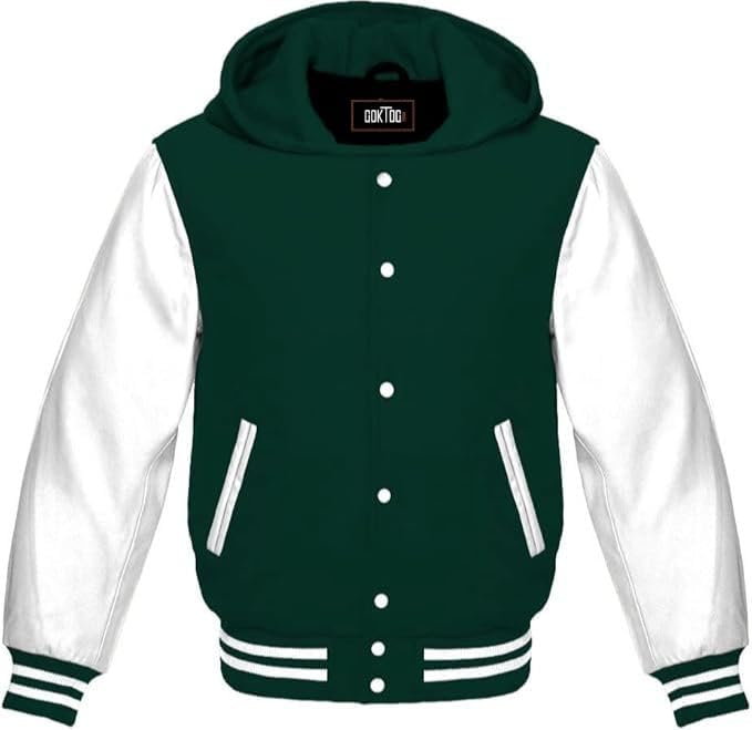 Hooded Varsity Jacket Women, Baseball Letterman Wool Body Genuine Leather Sleeves Bomber Jackets with Hood