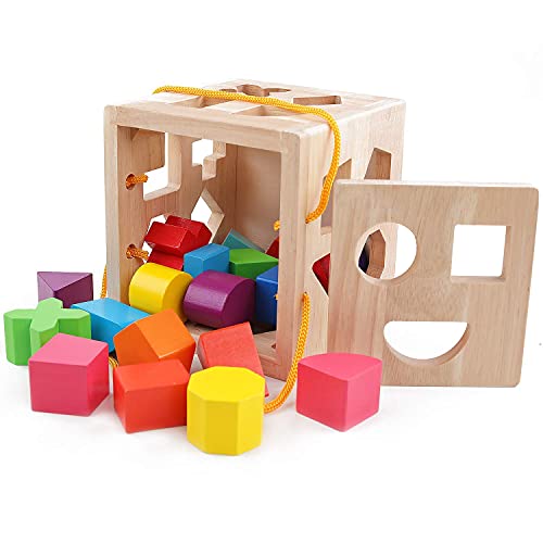 Qzmtoy Shape Sorter Toys With 19 Shape Blocks,Shape Sorting Cube Toy Box Classic Wooden Toys For Toddlers Kids,Gift For Girls Boys 2-4(Natural Solid Wood) #TOP1