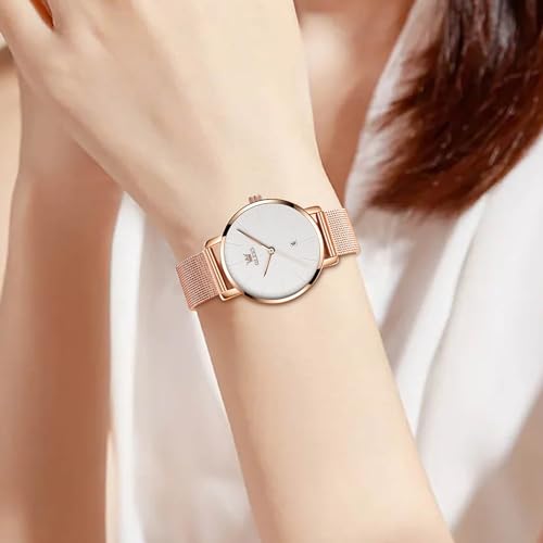 OLEVS Rose Gold Stainless Steel Ultra Slim Wrist Watches for Women - image 2