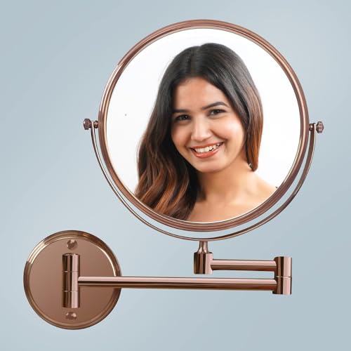 Image of CIPLAPLAST Shaving Mirror for Bathroom | Round Makeup Mirror | Black Mirror | 360 Degree Rotation | Round Brass and Stainless Steel Body | Wall Bracket Mirror with Adjustable Frame (Rose Gold)