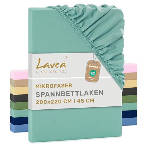Lavea Spannbettlaken 200x220 cm aus Mikrofaser Bettlaken mit Rundumgummi für Matratzen bis 35 cm atmungsaktiv und kühlend pflegeleicht Spannbetttücher 1 Stück Eukalyptus