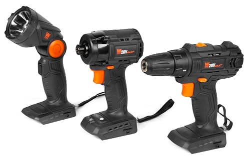 WEN 20V Max Cordless Drill, Brushless Compact Impact Driver, and LED Work Light/Flashlight Combo Kit (Tool Only - Battery Not Included) (20VK3DBT)