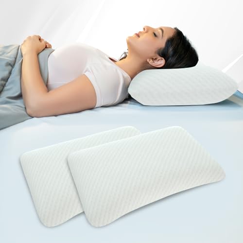 Image of WELLGIVER Ergonomic Memory Foam Pillow for Neck Pain | 2 Years Warranty | 21 x 14 x 4.5 Inch | Orthopedic Pillow for Side Sleeping | Removable Washable Jacquard White Cover | Pack of 2