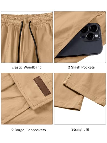 Comdecevis Men's Casual Cargo Pants Workout Joggers Stretch Sweatpants Hiking Drawstring Tactical Pants with Multi Pockets Khaki