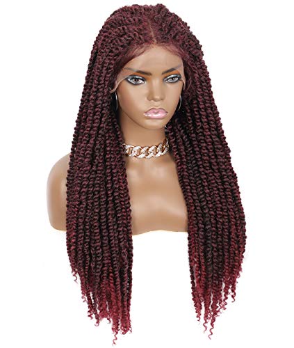 Beauart 13X5” Swiss Lace Front Unknotted Spring Twists Braided Wigs Fully Handmade Twisted Braids Wigs for Black Women Super Lightweight Kanekalon Synthetic Braided Wigs (26 inches, Burgundy)