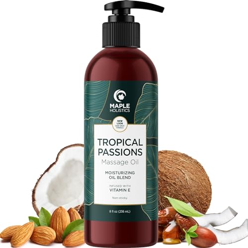 Tropical Sensual Massage Oil for Couples – Complete Relaxation Full Body Massage Oil for Date Night with Smooth Gliding Coconut and Sweet Almond Oil with Mango Scent – Non GMO Gluten Free and Vegan