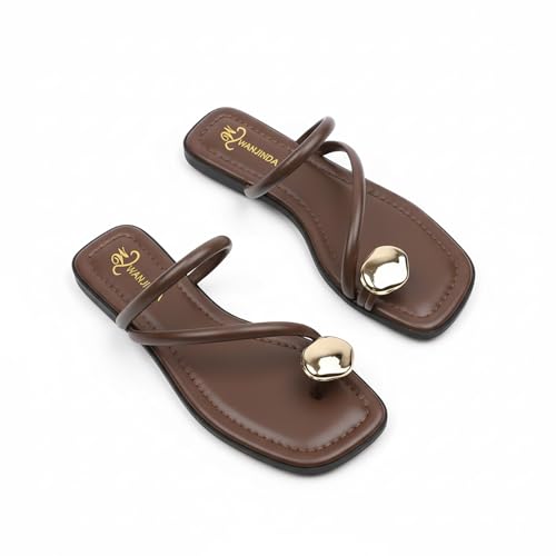 SEDFGLS Women'S Strappy Flat Toe Ring Sandals Fashionable Square Open Toe Slip-On Slide Sandals Casual Summer Beach Flop Flat Slipper (Brown,7)