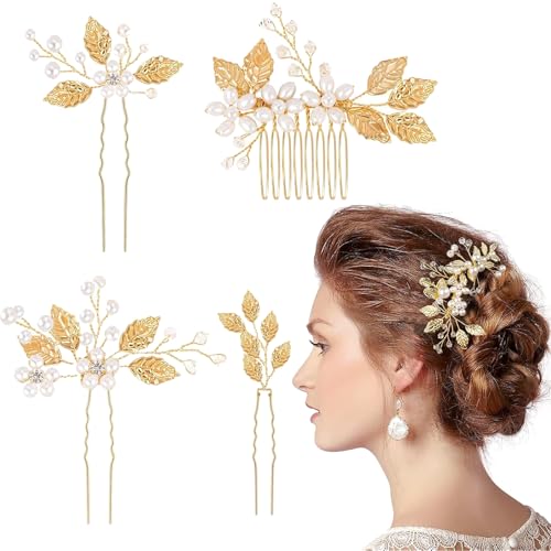 CUVZORA 4 Pièces épingles à cheveux de mariée, Accessoires Cheveux Mariage en Or, Épingles à Cheveux Vintage avec Perles de Cristal, pour Mariée, Demoiselle d'honneur et Filles
