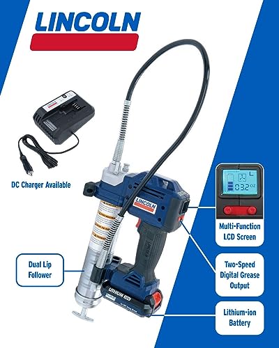 Lincoln 1884 PowerLuber 20 Volt Battery Powered Grease Gun with 36" Hose for Automotive, Agricultural, and Industrial Equipment, 10,000 PSI, Trigger-operated, 2-speed, (2) Lithium-Ion Battery Pack