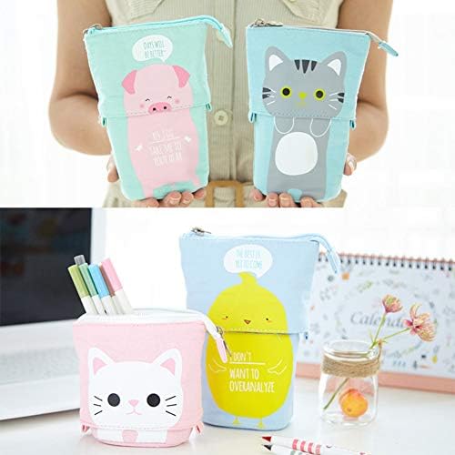 Cute Carton Stand up Pencil Holder,Canvas Pen Pencil Case Organizer Transformer Stand Store Pencil Case Box, Telescopic Stationery Pouch Bag with Zipper Closure for Boys Girls Students (Khaki)