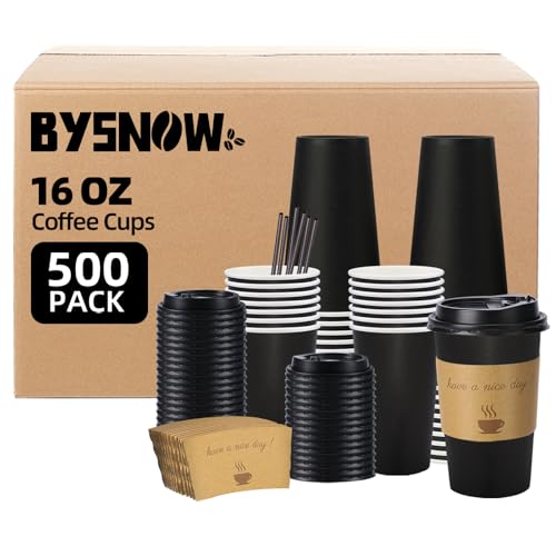 BYSNOW 500 pack 16 oz Bulk Disposable Paper Coffee Cups with Lids Hot Cups